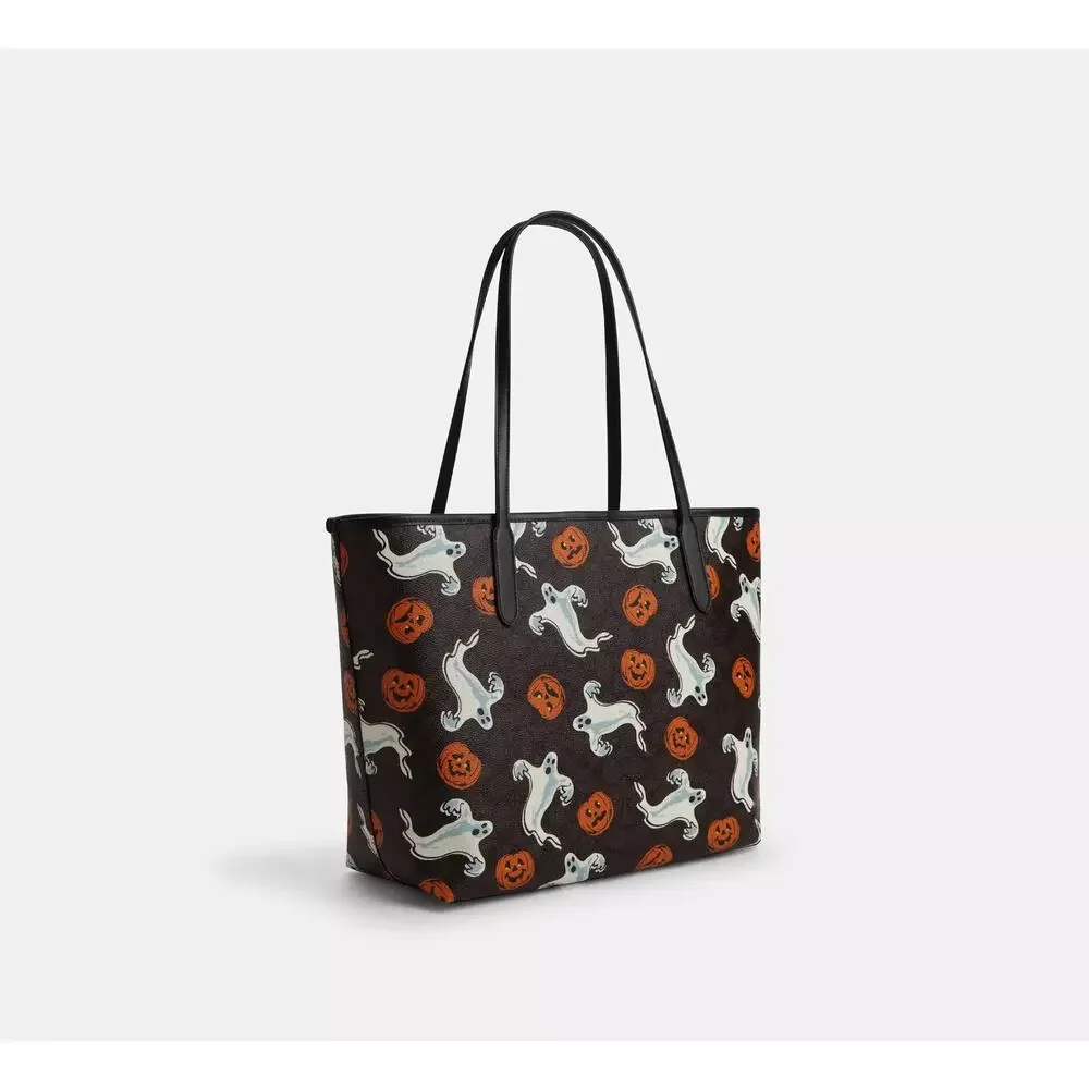 Coach City Tote Bag In Signature Canvas With Halloween Print Pumpkin Ghost NWT